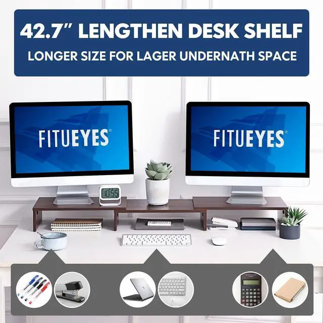 Alt view image 5 of 5 - FITUEYES Dual Monitor Stand  3 Shelf Computer Monitor Riser, Wood Desktop Stand with Adjustable Length and Angle, Desk Accessories, Office Supplies Medium Brown, DT108002WB