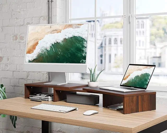 Alt view image 2 of 5 - FITUEYES Dual Monitor Stand  3 Shelf Computer Monitor Riser, Wood Desktop Stand with Adjustable Length and Angle, Desk Accessories, Office Supplies Medium Brown, DT108002WB