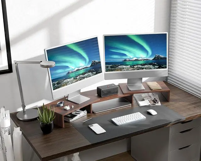 Alt view image 3 of 5 - FITUEYES Dual Monitor Stand  3 Shelf Computer Monitor Riser, Wood Desktop Stand with Adjustable Length and Angle, Desk Accessories, Office Supplies Medium Brown, DT108002WB