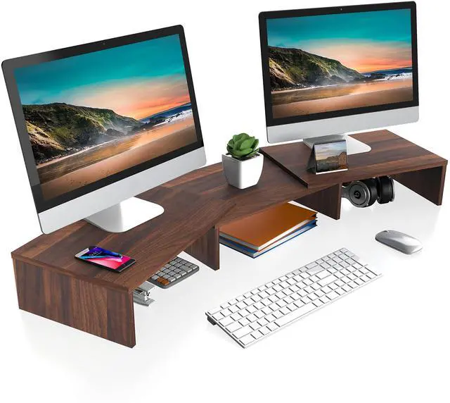 Main image of FITUEYES Dual Monitor Stand  3 Shelf Computer Monitor Riser, Wood Desktop Stand with Adjustable Length and Angle, Desk Accessories, Office Supplies Medium Brown, DT108002WB