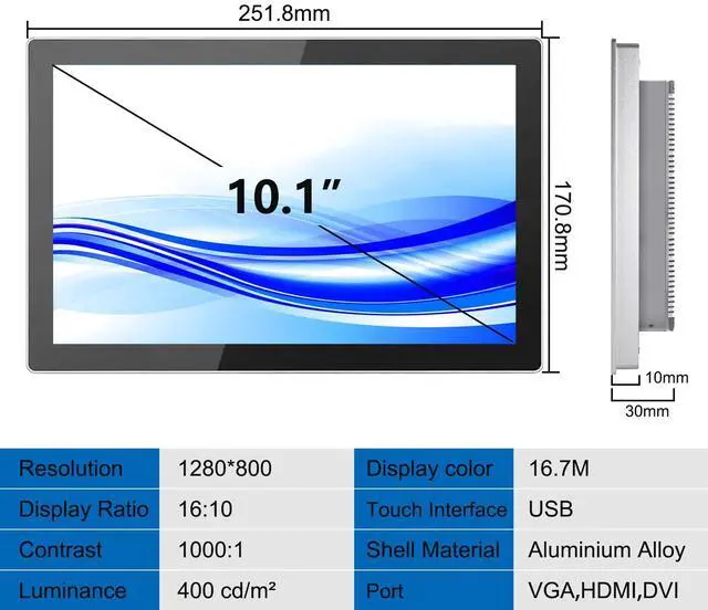 Alt view image 4 of 5 - GreenTouch 10.1 Inch Industrial Embedded Interactive Touchscreen Monitor, Capacitive Multi-Touch Screen Display with Front IP65 Water-Proof - 1280 x 800 Resolution
