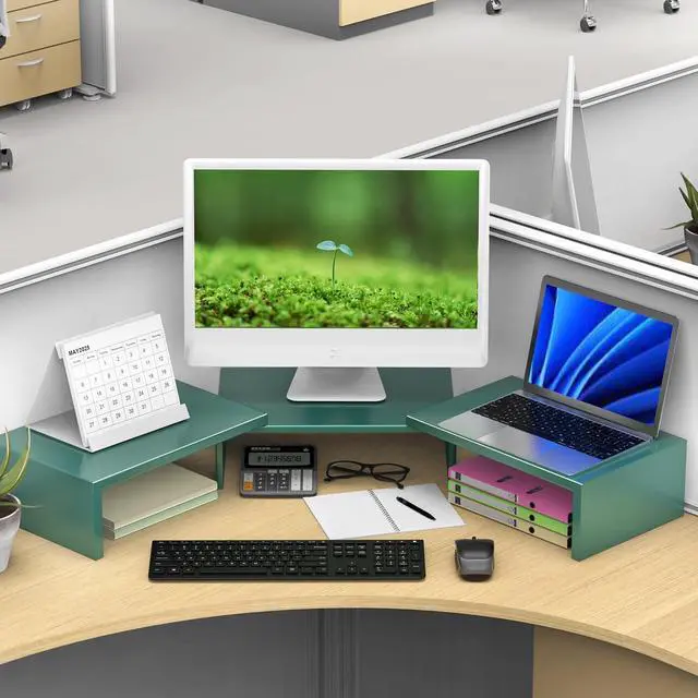 Alt view image 5 of 5 - OUTIOE Dual Monitor Stand for Desk, Metal Computer Stand, Desk Shelf Riser,Desktop Organizer for Home and Office Use (Green)