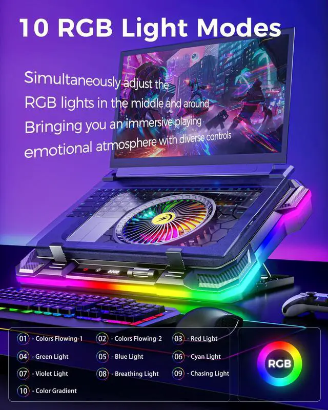 Alt view image 3 of 5 - AICHESON Gaming Laptop Cooling Pad with Full RGB Lights, Powerful Cooler Fan Stand for 15-19 inch Gamer Heavy Duty Laptops and PC Computers