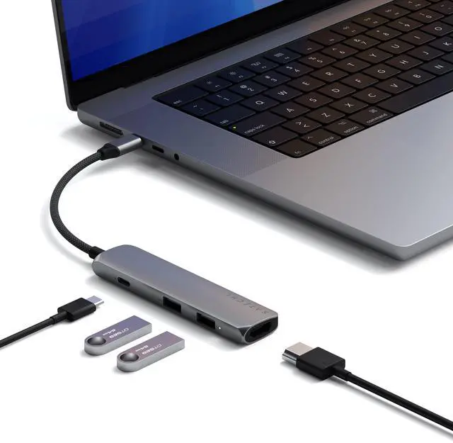 Main image of Satechi 4 in 1 USB C Hub Multiport Adapter with 4K HDMI, 100W PD Charging, 2X USB-A Data Ports, Micro/SD Card Readers for MacBook, Windows  Space Gray