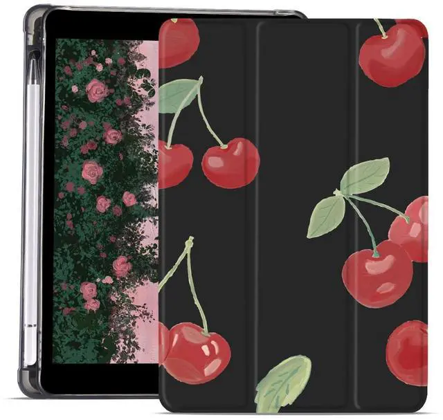 Main image of JOYLAND Red Cherry Pad Case for 10.2 Inch iPad 9th/7th/8th Generation with Pencil Holder, Foldable for iPad 2021/2020/2019 Case Lovely Black Leather Protective Cover, Auto Wake/Sleep