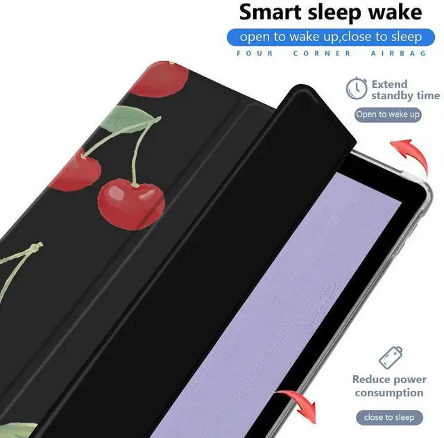 Alt view image 3 of 5 - JOYLAND Red Cherry Pad Case for 10.2 Inch iPad 9th/7th/8th Generation with Pencil Holder, Foldable for iPad 2021/2020/2019 Case Lovely Black Leather Protective Cover, Auto Wake/Sleep