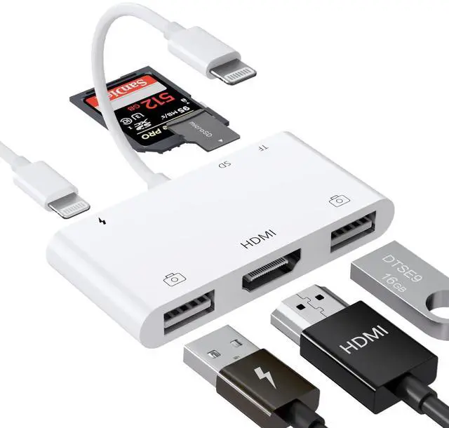 Main image of Lightning to HDMI Adapter with USB Camera and Charging Port, SD Card Reader for iPhone, 6 in 1 Camera Adapter to iPhone, Supports MIDI Keyboard, Mouse, HD TV/Projector/Monitor, Plug & Play