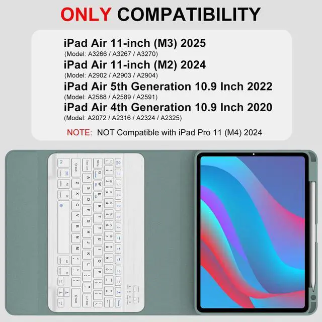 Main image of for iPad Air 11-inch(M3 2025/ M2 2024) Air 5th/4th Gen Case with Keyboard, Detachable Wireless Bluetooth Keyboard, Magnetic Smart Protect Cover, Auto Wake/Sleep, Portable Rechargeable,Green-NonBacklit
