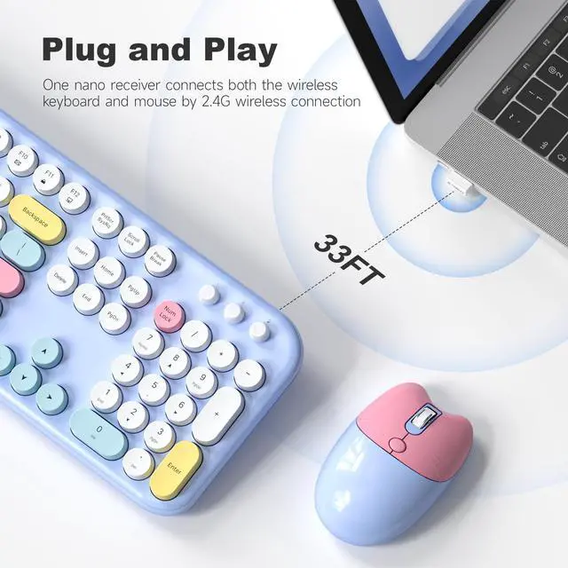Alt view image 3 of 5 - MOFII Wireless Keyboard and Mouse Combo - 2.4GHz Full-Size Retro Typewriter Keyboard with Round Keys, 3 Level Adjustable Optical Mouse, Plug & Play - Compatible with PC/Laptop/Desktop - Light Blue Mix