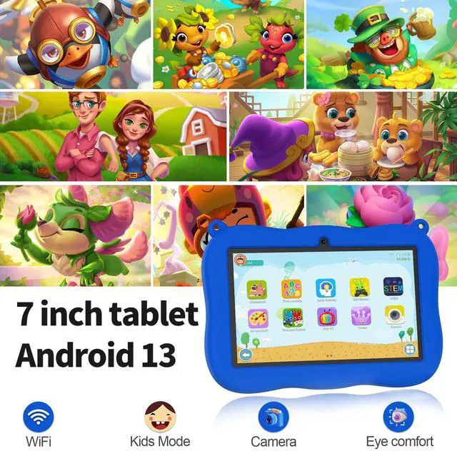 Alt view image 3 of 5 - VASOUN 7 inch Kids Tablet with Lanyard, Android 13 with 32GB Toddler Tablet,WiFi, Dual Camera,Time Limits, Age Filters,Parental Controls,Kids Software Pre-Installed with Silicone Case (Blue)