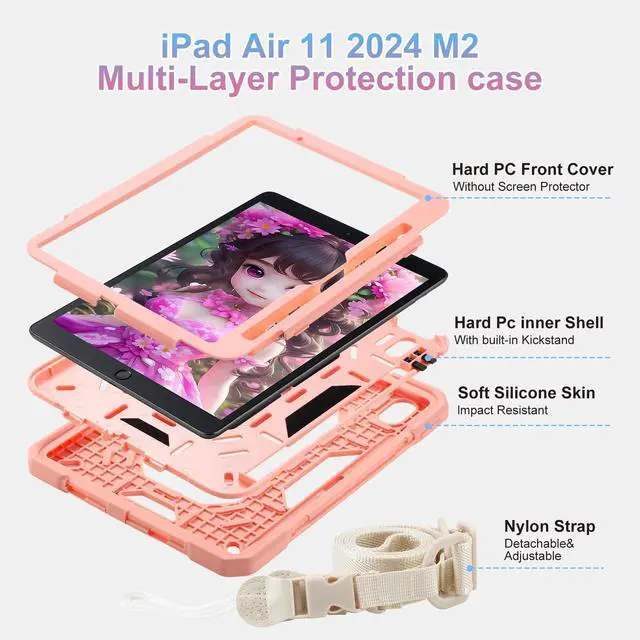 Alt view image 3 of 5 - MARKILL for iPad Air 11 Case (M3) 2025/ iPad Air 11 Case 2024 (M2) with Pen Slot/360 Rotating Grip Magic Stand,Keychain/Shoulder Strap,Full-Body Rugged Cover for iPad Air 6th Generation (Pink)