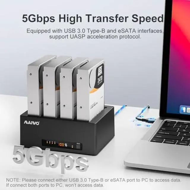 Alt view image 2 of 5 - MAIWO 4 Bay Hard Drive Docking Station with Offline Clone for 2.5 3.5 Inch SATA HDD SSD, USB 3.0/eSATA 5Gbps Speed with UASP, 96TB Capacity, External HDD Duplicator