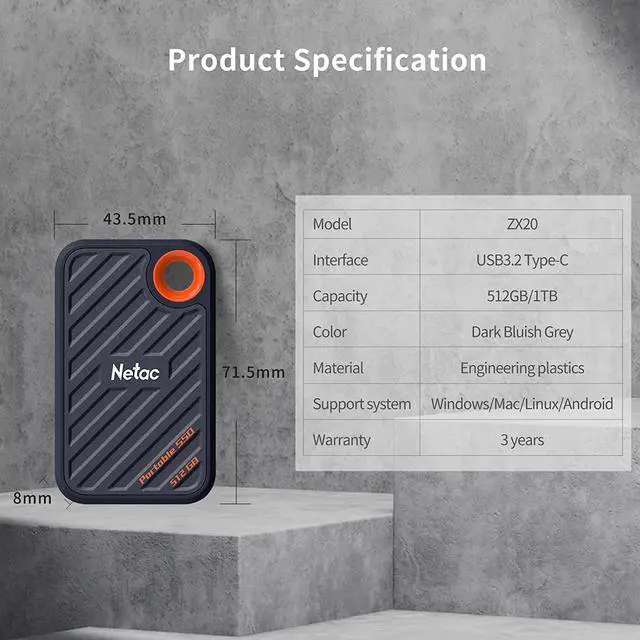 Alt view image 3 of 5 - Netac 1TB Extreme Portable SSD External Solid State Drives Up to 2000MB/s Read 1700MB/s Write Speed, USB 3.2 Gen.2 Business Travel Essential, ZX20