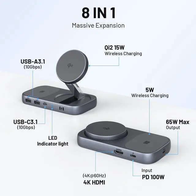 Alt view image 4 of 5 - Selore USB C Hub with Wireless Charging for MacBook: 4K@60Hz HDMI, 100W PD, 15W Qi2 + 5W Wireless, 10Gbps Ports, iPhone Mirroring Docking Station & Magsafe Stand, Space-Saving Desk Organizer
