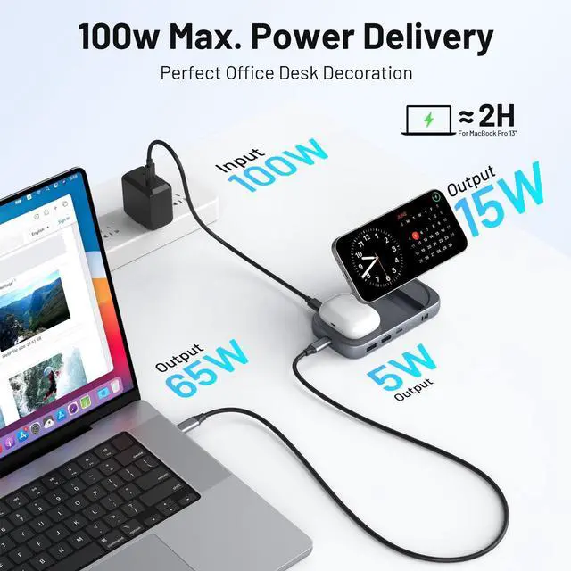 Alt view image 5 of 5 - Selore USB C Hub with Wireless Charging for MacBook: 4K@60Hz HDMI, 100W PD, 15W Qi2 + 5W Wireless, 10Gbps Ports, iPhone Mirroring Docking Station & Magsafe Stand, Space-Saving Desk Organizer