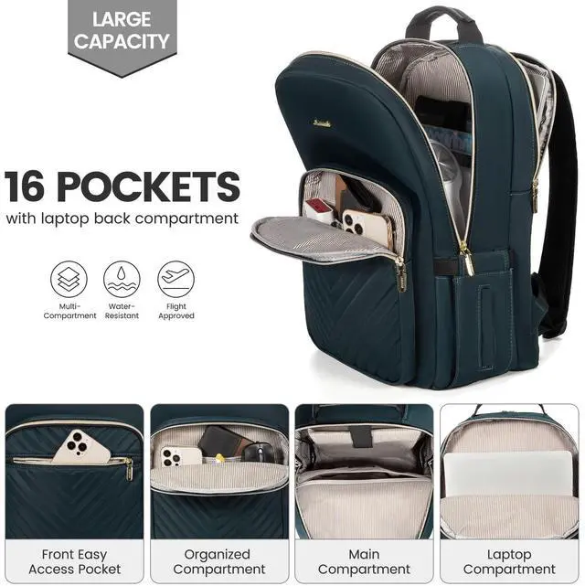 Alt view image 2 of 5 - LOVEVOOK Laptop Backpack for Women 15.6 inch,Cute Womens Travel Backpack Purse,Professional Laptop Computer Bag,Waterproof Work Business College Teacher Bags Carry on Backpack with USB Port,Blue-green