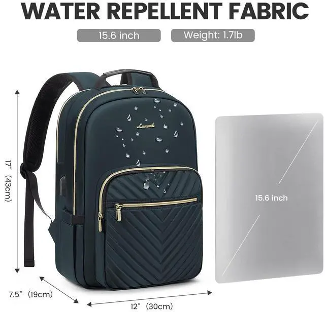 Alt view image 4 of 5 - LOVEVOOK Laptop Backpack for Women 15.6 inch,Cute Womens Travel Backpack Purse,Professional Laptop Computer Bag,Waterproof Work Business College Teacher Bags Carry on Backpack with USB Port,Blue-green