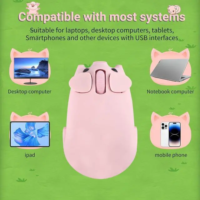 Alt view image 4 of 5 - elec Space Cute Pig Design Wireless Mouse - Dual Mode Bluetooth & USB, Silent Operation, Ergonomic, Ideal for Laptops & PCs, for Animal Lovers and Family (Pink)