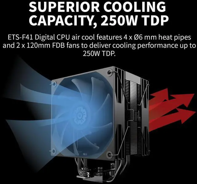 Alt view image 3 of 5 - Enermax T41 Digital CPU Air Cooler 157mm Height All-Black CPU Air Cooler 4 Heat Pipes with Dual 120mm PWM Fan 250W TDP, for Intel 1851/1700/1200/115X, AMD AM5/AM4