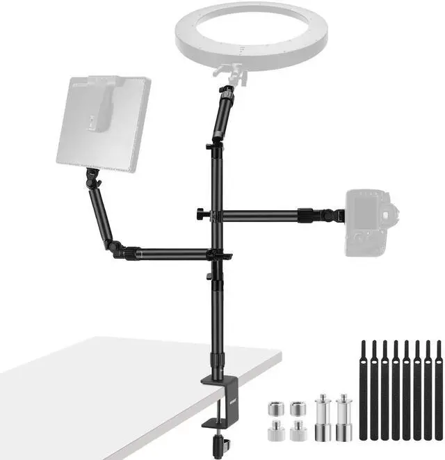 Main image of NEEWER Overhead Camera Desk Mount Rig Stand with 2 Boom Arms for Photography Devices: Video Light Ring Light Phone Mount Webcam Mic Compact DSLR for Home Office Studio Live Streaming Broadcast, ST008