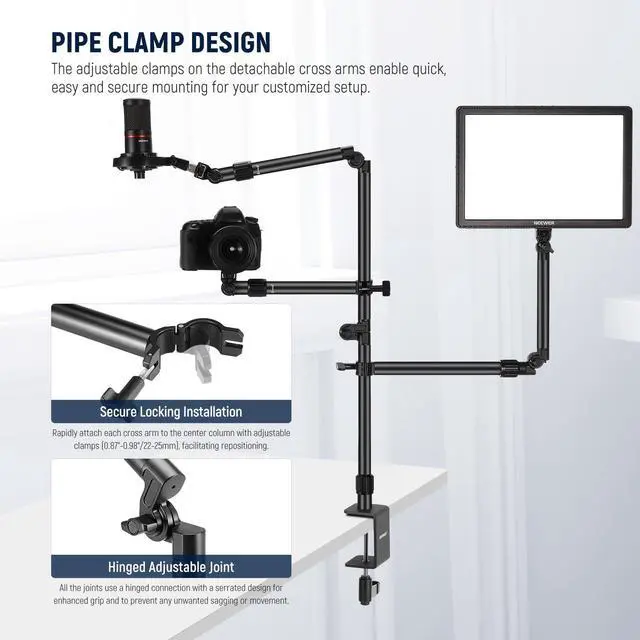 Alt view image 3 of 5 - NEEWER Overhead Camera Desk Mount Rig Stand with 2 Boom Arms for Photography Devices: Video Light Ring Light Phone Mount Webcam Mic Compact DSLR for Home Office Studio Live Streaming Broadcast, ST008