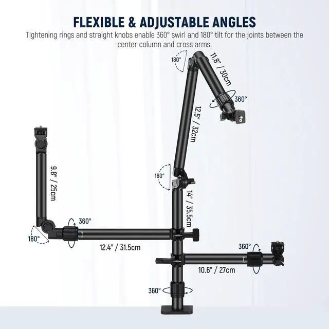 Alt view image 5 of 5 - NEEWER Overhead Camera Desk Mount Rig Stand with 2 Boom Arms for Photography Devices: Video Light Ring Light Phone Mount Webcam Mic Compact DSLR for Home Office Studio Live Streaming Broadcast, ST008