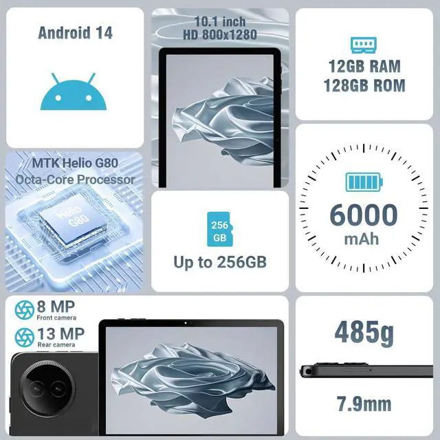 Alt view image 3 of 5 - DigiLand Android Tablet, 10.1 inch Android 14 Tablet, Octa-core CPU,12GB RAM+128GB ROM(Support Expand TF) 8MP Front+13MP Back Camera,800x1280 Resolution,WiFi 6 & Bluetooth 5.0,6000 mAh Battery-Blue