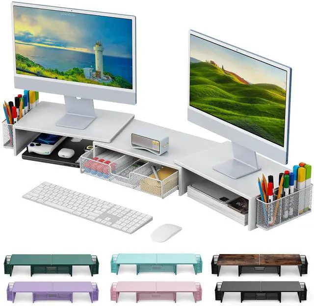 Main image of gianotter Dual Monitor Stand Riser, Desk Organizer With Drawer and 2 Pen Holders, Monitor Stand for Desk, Office Decor Essentials (White)