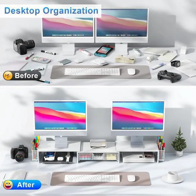 Alt view image 2 of 5 - gianotter Dual Monitor Stand Riser, Desk Organizer With Drawer and 2 Pen Holders, Monitor Stand for Desk, Office Decor Essentials (White)