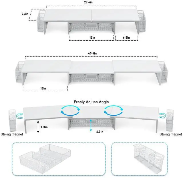 Alt view image 3 of 5 - gianotter Dual Monitor Stand Riser, Desk Organizer With Drawer and 2 Pen Holders, Monitor Stand for Desk, Office Decor Essentials (White)