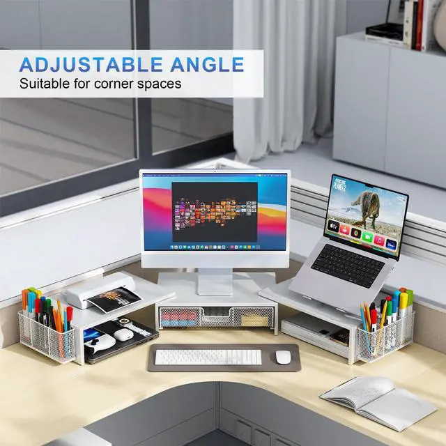 Alt view image 4 of 5 - gianotter Dual Monitor Stand Riser, Desk Organizer With Drawer and 2 Pen Holders, Monitor Stand for Desk, Office Decor Essentials (White)