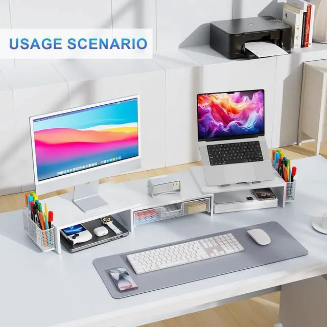 Alt view image 5 of 5 - gianotter Dual Monitor Stand Riser, Desk Organizer With Drawer and 2 Pen Holders, Monitor Stand for Desk, Office Decor Essentials (White)