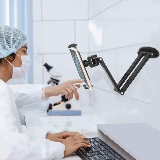 Alt view image 2 of 5 - GSRUAN Tablet Wall Mount with Adjustable Long Arm Hinge 360° Swivel Bracket for 4.7 to 12.9 inch Tablet or PhoneBlack