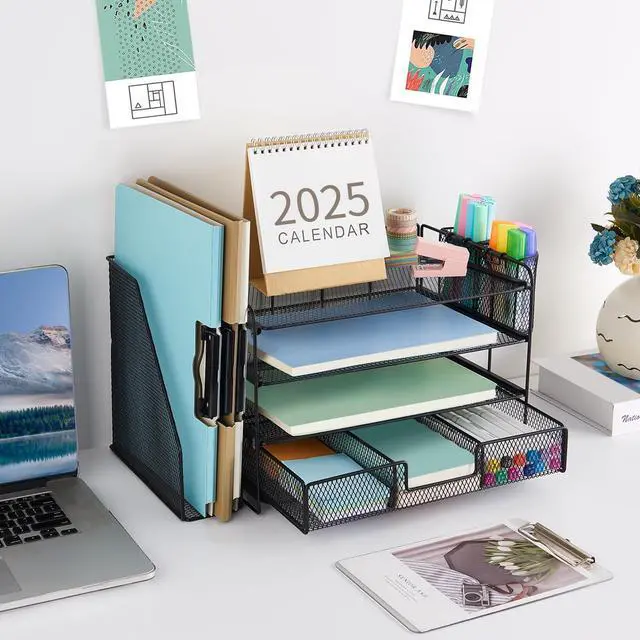 Alt view image 4 of 5 - gianotter 4-Tier Paper Letter Tray + Monitor Stand with Storage (Black)