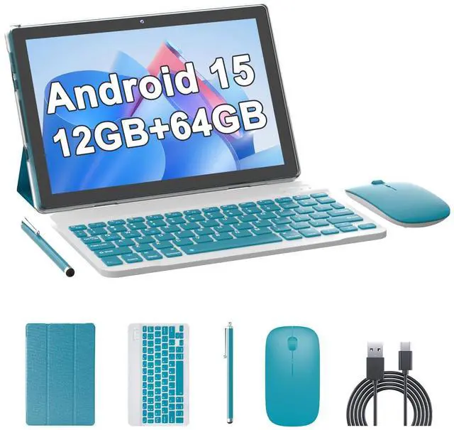 Main image of 10 Inch Tablet Android 15(NOT GO) Tablets with keyboard 64GB ROM+12GB RAM(4+8 expansion) Supports 1TB Expansion 2MP+8MP Dual Camera 6000mAh 5G WiFi6 Tableta, Tablets with Mouse/Case/Stylus/USB-C Cable