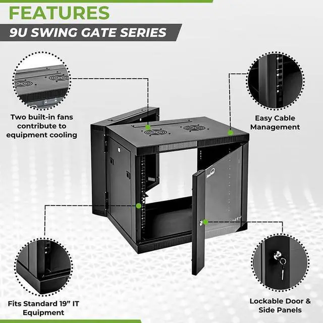 Alt view image 2 of 5 - NavePoint Server Cabinet with Hinged Back - 17.7' Deep, 9U Rack Enclosure with Locking Glass Door, Wall Mount Rack with Removable Side Panels, Network Cabinet with 2 Fans, Pre-Assembled