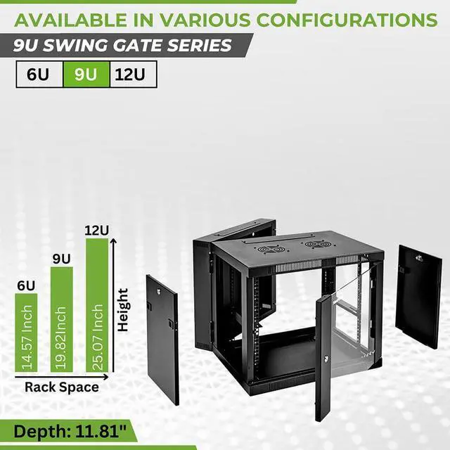 Alt view image 3 of 5 - NavePoint Server Cabinet with Hinged Back - 17.7' Deep, 9U Rack Enclosure with Locking Glass Door, Wall Mount Rack with Removable Side Panels, Network Cabinet with 2 Fans, Pre-Assembled