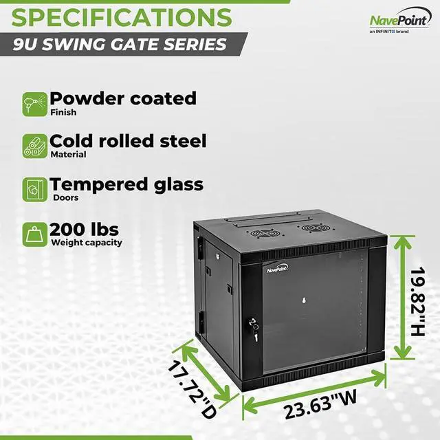 Alt view image 4 of 5 - NavePoint Server Cabinet with Hinged Back - 17.7' Deep, 9U Rack Enclosure with Locking Glass Door, Wall Mount Rack with Removable Side Panels, Network Cabinet with 2 Fans, Pre-Assembled