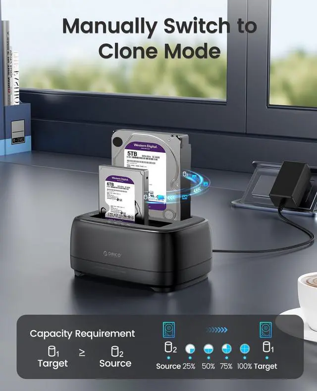 Alt view image 2 of 5 - ORICO Hard Drive Docking Station with Offline Clone USB 3.2 Gen 1 to SATA Hard Drive Dock Dual Bay for 2.5&3.5 Inch SSD HDD Up to 44 TB with 12V Power Supply, Tool-Free and UASP Supported (DD28C3-C)