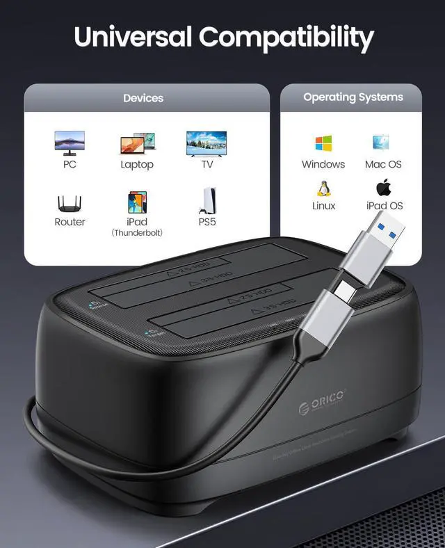Alt view image 5 of 5 - ORICO Hard Drive Docking Station with Offline Clone USB 3.2 Gen 1 to SATA Hard Drive Dock Dual Bay for 2.5&3.5 Inch SSD HDD Up to 44 TB with 12V Power Supply, Tool-Free and UASP Supported (DD28C3-C)