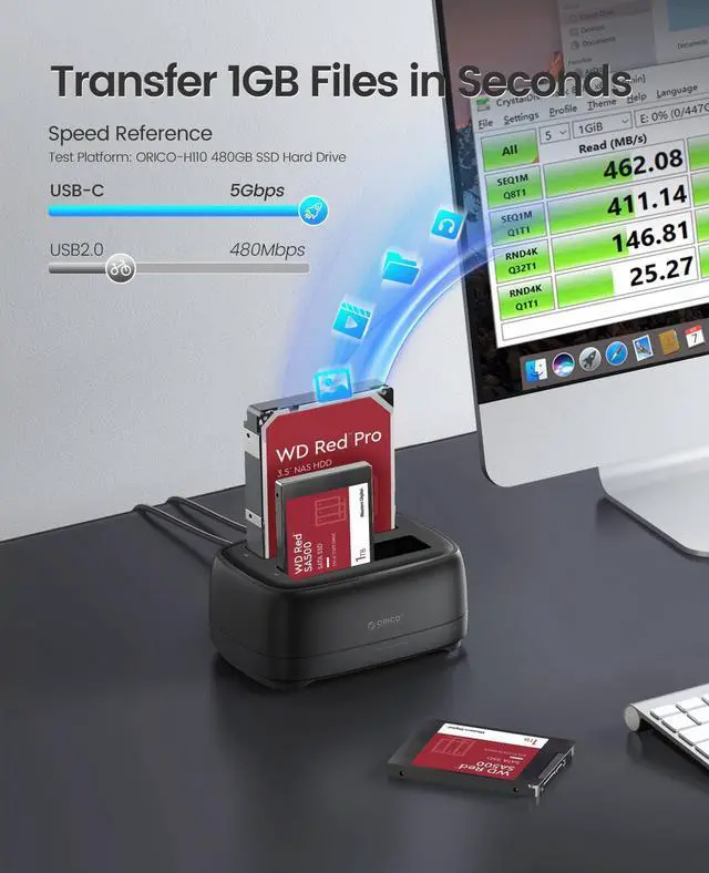 Alt view image 4 of 5 - ORICO Hard Drive Docking Station with Offline Clone USB 3.2 Gen 1 to SATA Hard Drive Dock Dual Bay for 2.5&3.5 Inch SSD HDD Up to 44 TB with 12V Power Supply, Tool-Free and UASP Supported (DD28C3-C)