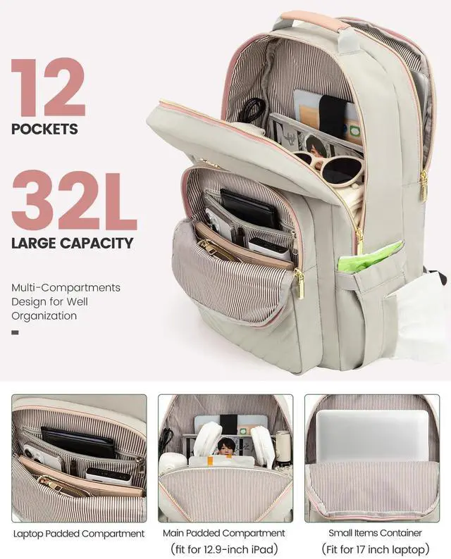 Alt view image 2 of 5 - LOVEVOOK Laptop Backpack for Women, Travel Computer Work Bags with 17-inch Laptop Compartment, College School Student Bag Teen Backpacks For Girls, Outdoor Carry On Backpack Purse, Grey Pink