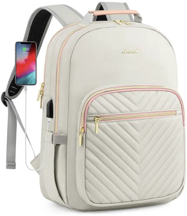 Main image of LOVEVOOK Laptop Backpack for Women, Travel Computer Work Bags with 17-inch Laptop Compartment, College School Student Bag Teen Backpacks For Girls, Outdoor Carry On Backpack Purse, Grey Pink