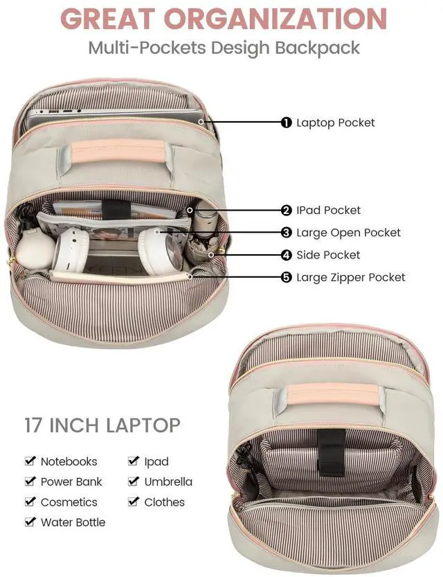 Alt view image 3 of 5 - LOVEVOOK Laptop Backpack for Women, Travel Computer Work Bags with 17-inch Laptop Compartment, College School Student Bag Teen Backpacks For Girls, Outdoor Carry On Backpack Purse, Grey Pink