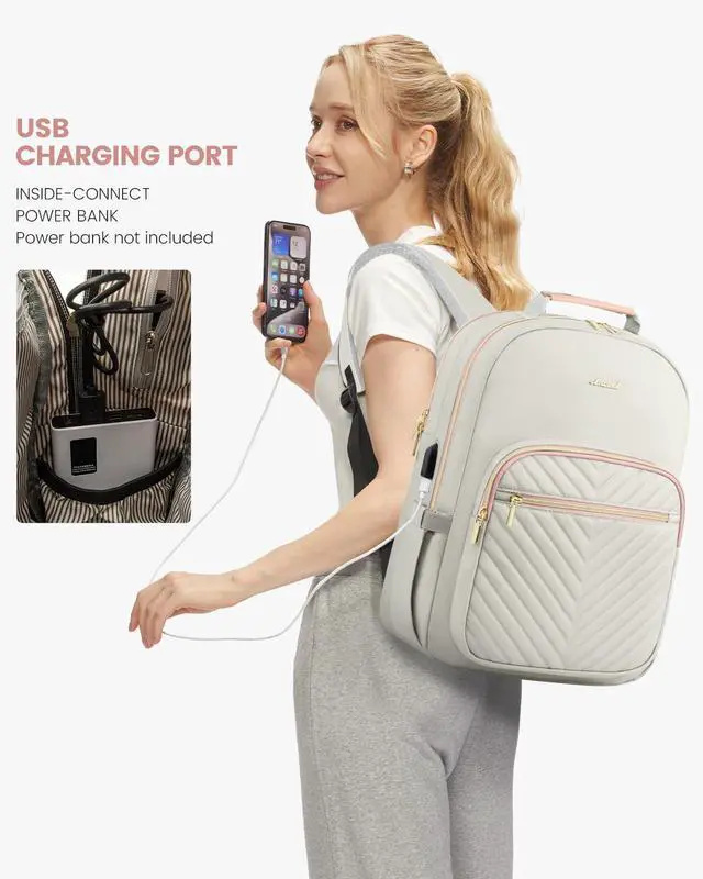 Alt view image 5 of 5 - LOVEVOOK Laptop Backpack for Women, Travel Computer Work Bags with 17-inch Laptop Compartment, College School Student Bag Teen Backpacks For Girls, Outdoor Carry On Backpack Purse, Grey Pink