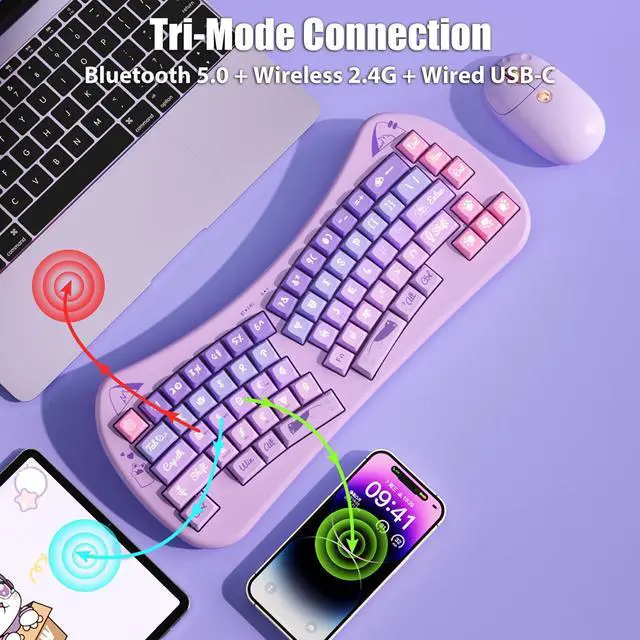 Alt view image 2 of 5 - TISHLED Bow Aesthetic Ergonomic Keyboard Cute Cat Alice Keyboard Tri-Mode Wireless 2.4G/Bluetooth 5.0/Wired USB-C Rechargeable Compact 68-Key for Multi-Device, Win/Mac/PC/Laptop, Purple