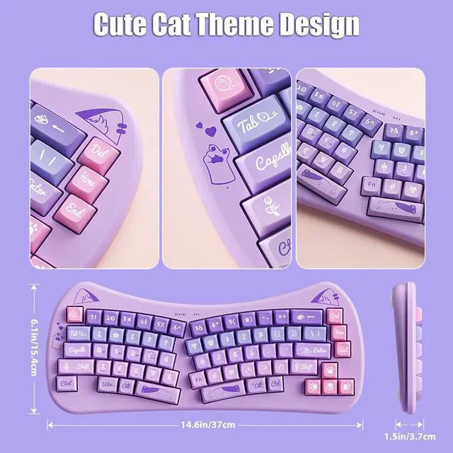 Alt view image 3 of 5 - TISHLED Bow Aesthetic Ergonomic Keyboard Cute Cat Alice Keyboard Tri-Mode Wireless 2.4G/Bluetooth 5.0/Wired USB-C Rechargeable Compact 68-Key for Multi-Device, Win/Mac/PC/Laptop, Purple