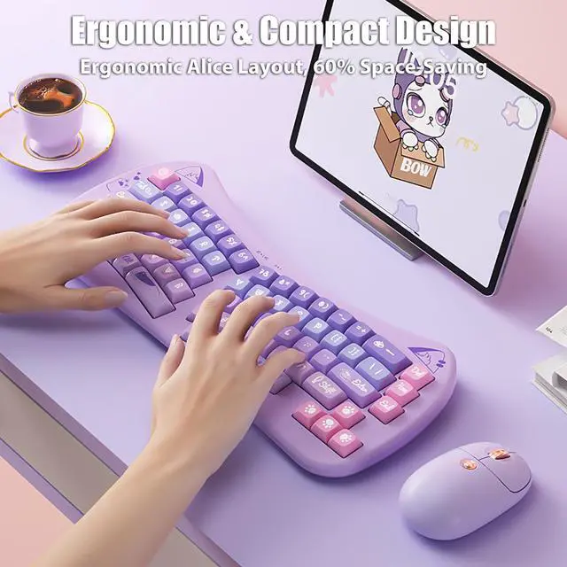 Alt view image 4 of 5 - TISHLED Bow Aesthetic Ergonomic Keyboard Cute Cat Alice Keyboard Tri-Mode Wireless 2.4G/Bluetooth 5.0/Wired USB-C Rechargeable Compact 68-Key for Multi-Device, Win/Mac/PC/Laptop, Purple