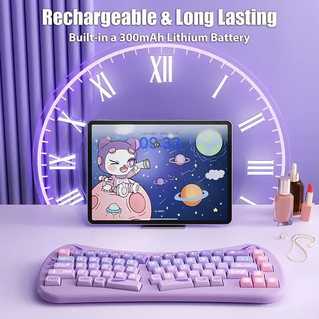 Alt view image 5 of 5 - TISHLED Bow Aesthetic Ergonomic Keyboard Cute Cat Alice Keyboard Tri-Mode Wireless 2.4G/Bluetooth 5.0/Wired USB-C Rechargeable Compact 68-Key for Multi-Device, Win/Mac/PC/Laptop, Purple