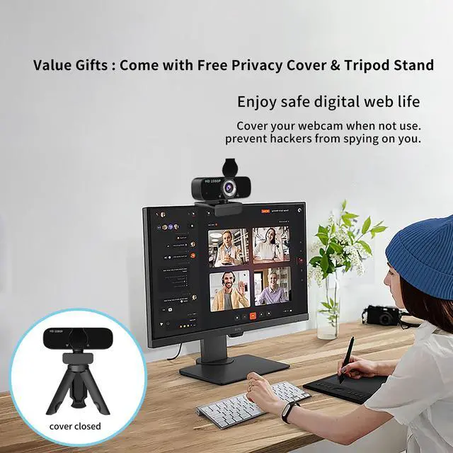 Alt view image 4 of 5 - Webcam for PC,Full HD 1080p Computer Webcam with Noise-Canceling Mic, Tripod, Privacy Cover, Auto Focus/Low Light Correction/Beauty Filter, USB Web Camera for Streaming/Meeting/Online Video/Zoom